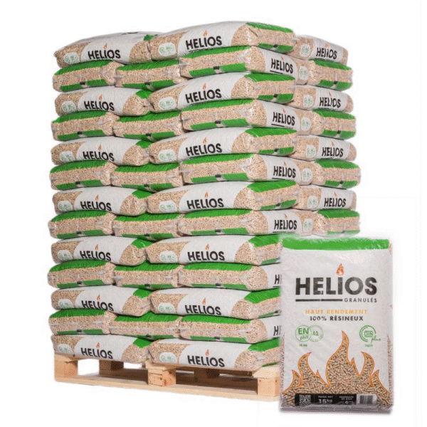 Pellets HELIOS – Certifiés DIN Plus & EN Plus A1 – Palette de 65 Sacs (15 kg)